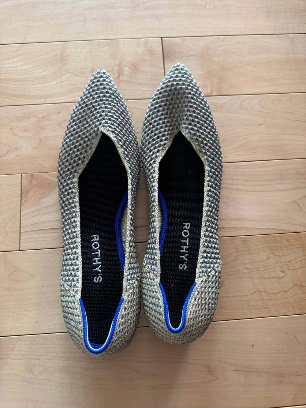 Rothy's Pointed-Toe Knit Flats in Beige with Blue Trim